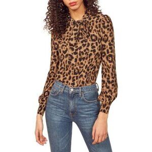 REFORMATION Marcy Leopard Print Georgette Neck Tie Button Up Blouse, Size L
